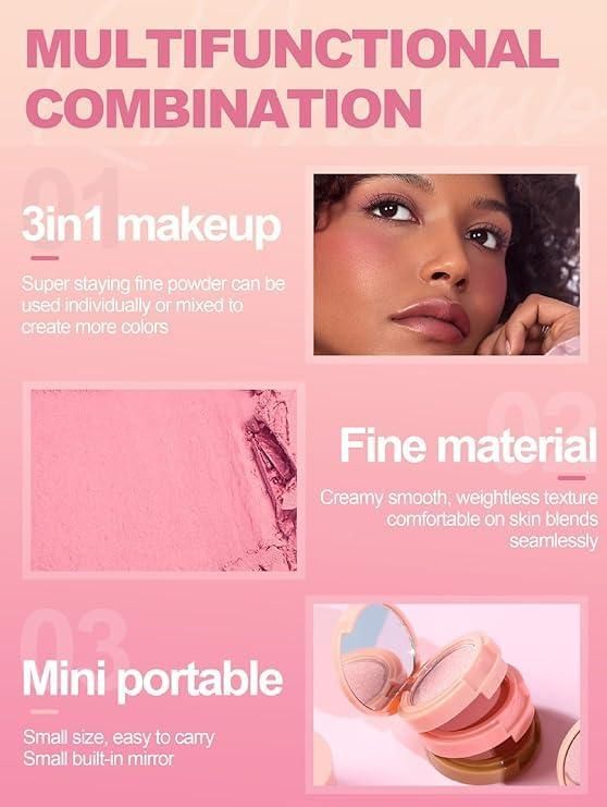 3 in1 Face Blusher + Highlighter with Mini Compact Travel Friendly Palette cs2856-ri