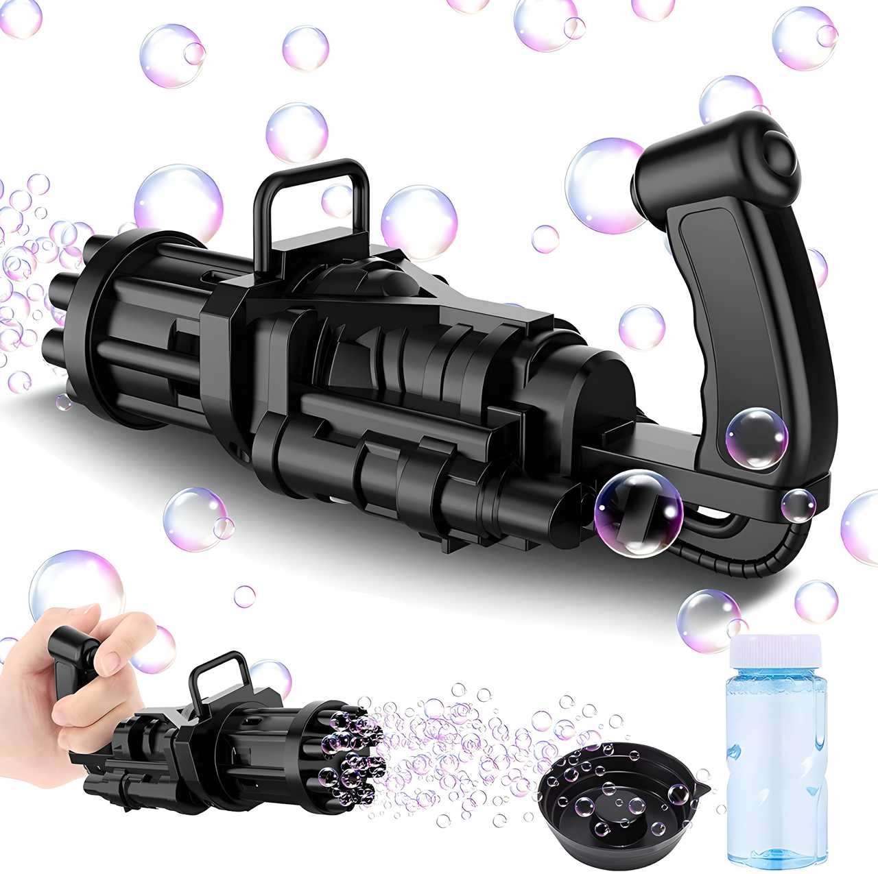 Bubble Gun- 8 Hole Automatic Gatling Bubble Gun Blower Maker, with 3 Batteries and Bubble Water(Assorted Color) cs2856-ri