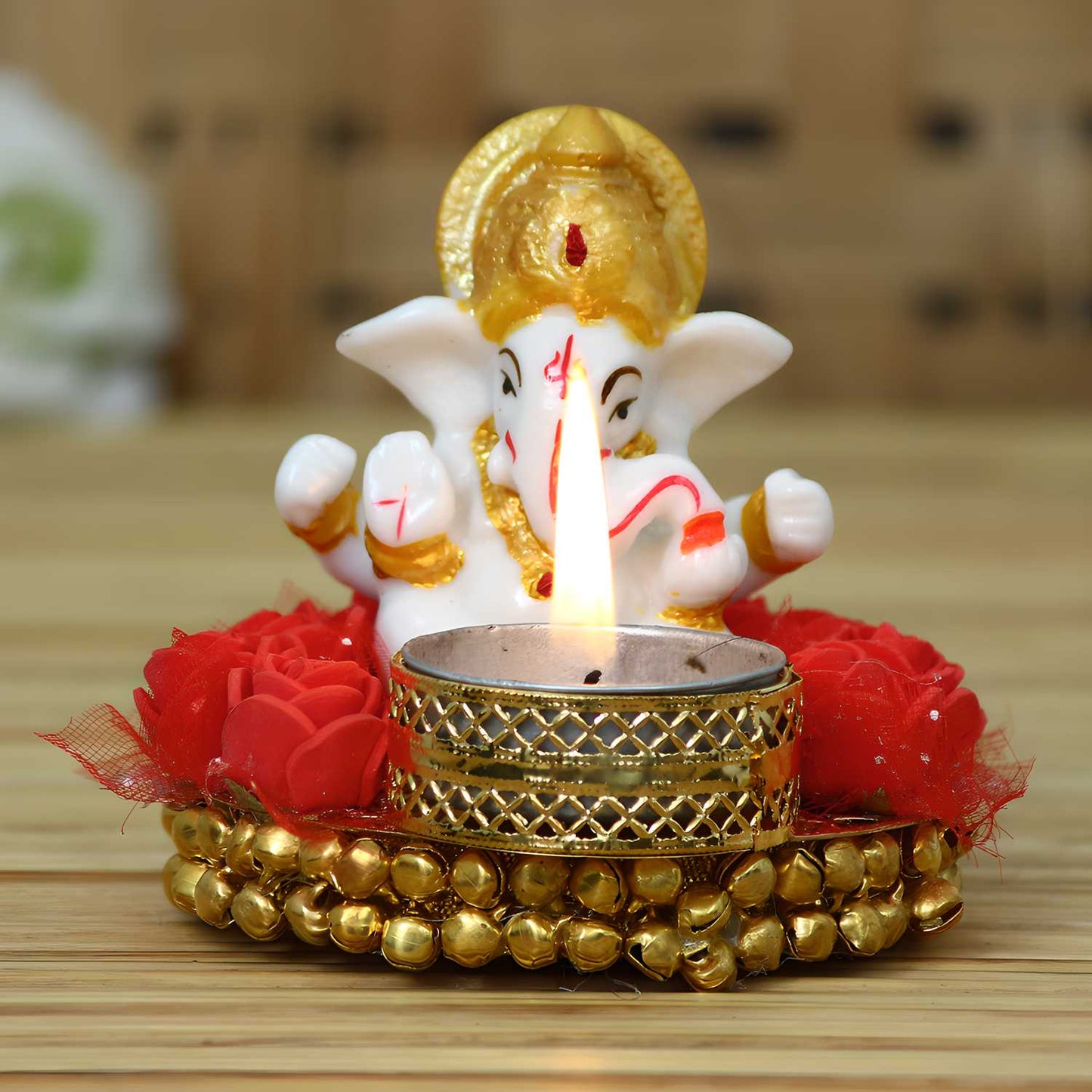 eCraftIndia Lord Ganesha Idol on Decorative Plate with Tea Light Holder cs2856-ri