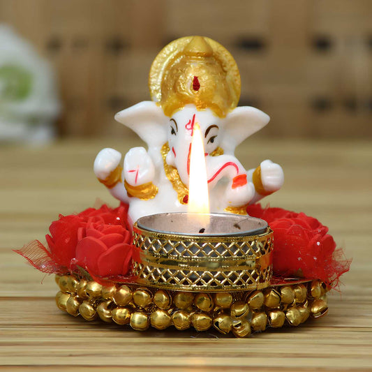 eCraftIndia Lord Ganesha Idol on Decorative Plate with Tea Light Holder cs2856-ri