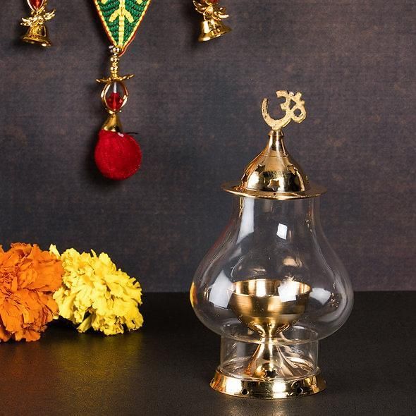 Brass Akhand Diya with Borosilicate Glass for Puja Home Temple Oil Lamp Tea Holder cs2856-ri