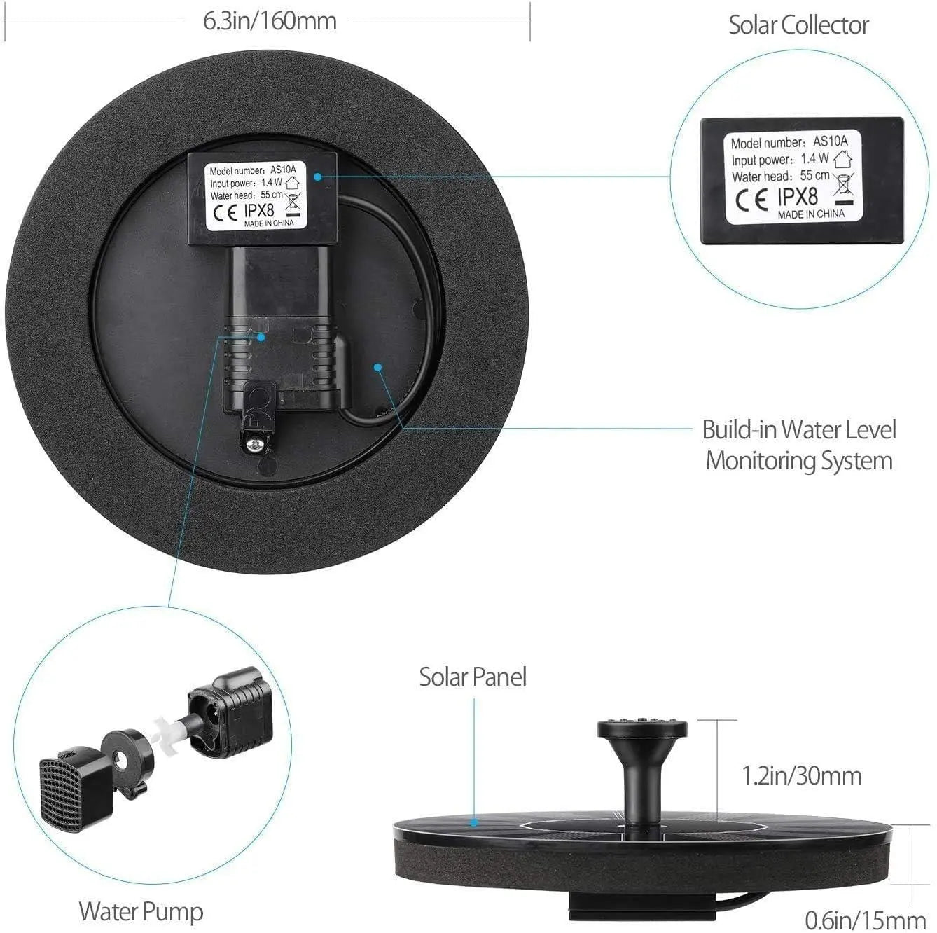 Fountain Solar Power Floating Water Pump for Pool Pond Garden and Patio Plants Round 7V 1.4W (Black) cs2856-ri