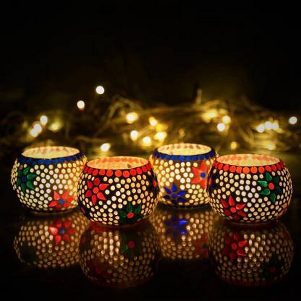 eCraftIndia Set of 4 Mosaic Glass Decorative Tea Light Holder cs2856-ri