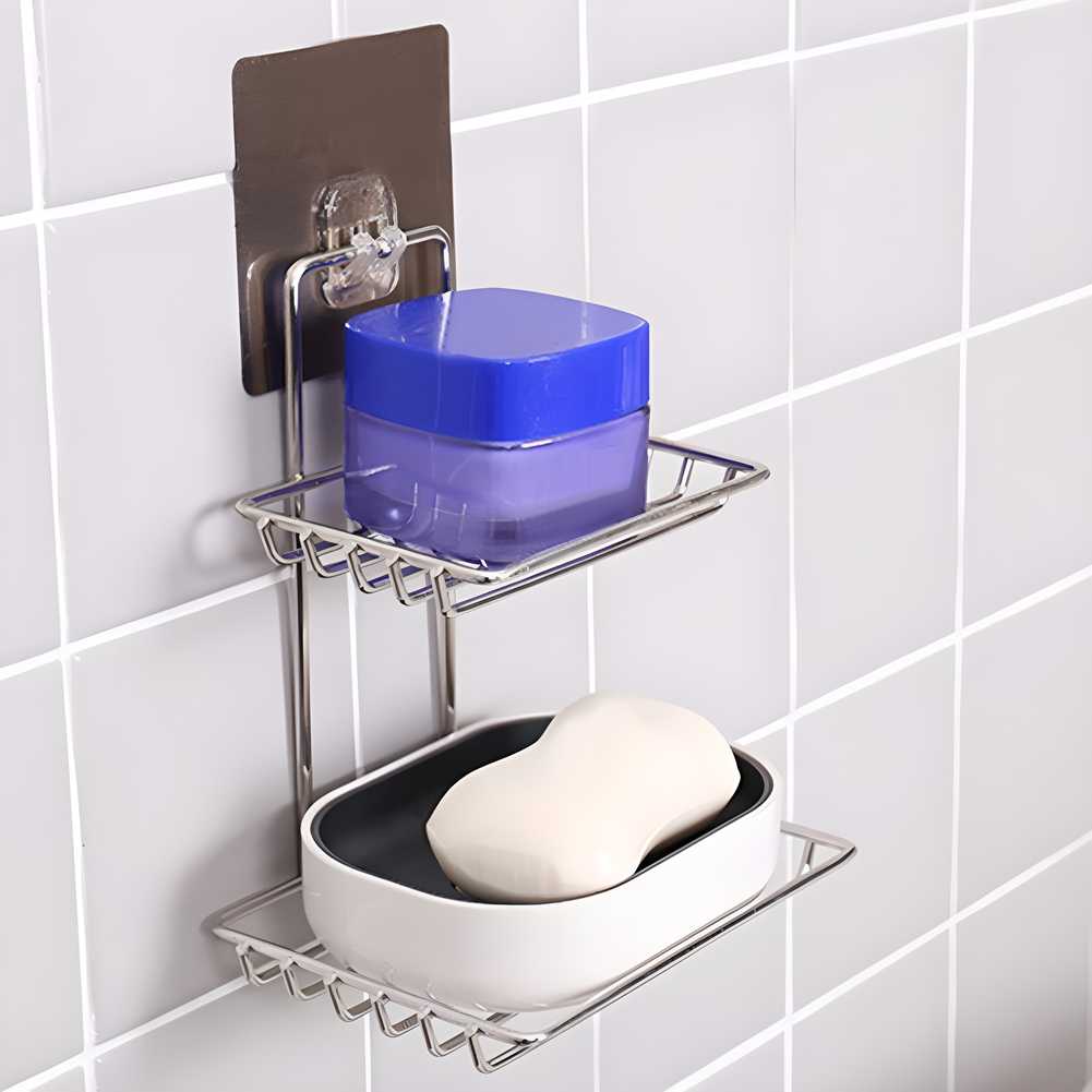 Soap Dish Holder-Wall Mounted Double Layered  Stainless Steel Soaps Storage Rack with Hook cs2856-ri
