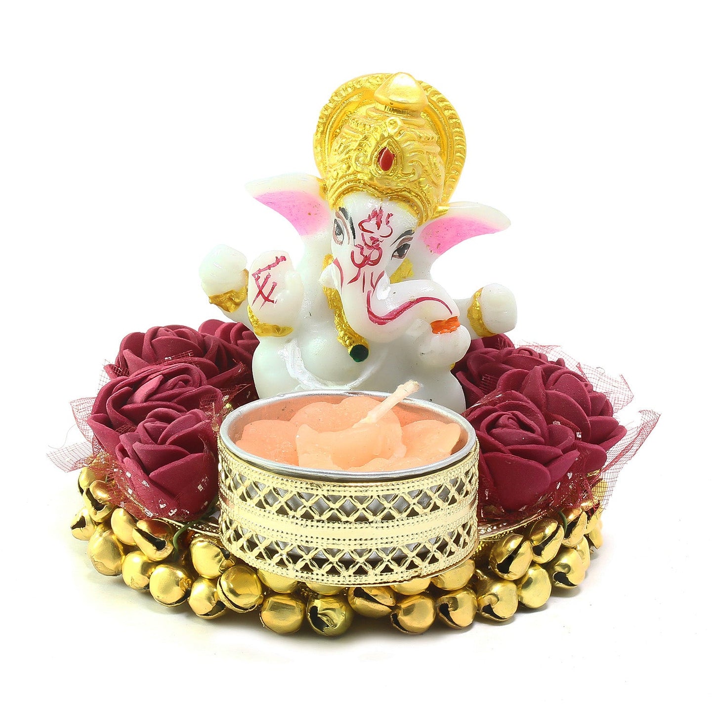 eCraftIndia Lord Ganesha Idol on Decorative Plate with Tea Light Holder cs2856-ri