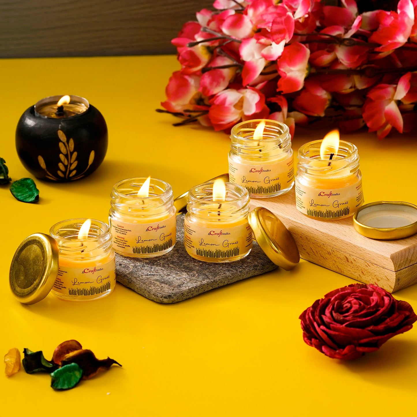 eCraftIndia Set of 5 Lemon Grass Scented Minijar Candle cs2856-ri