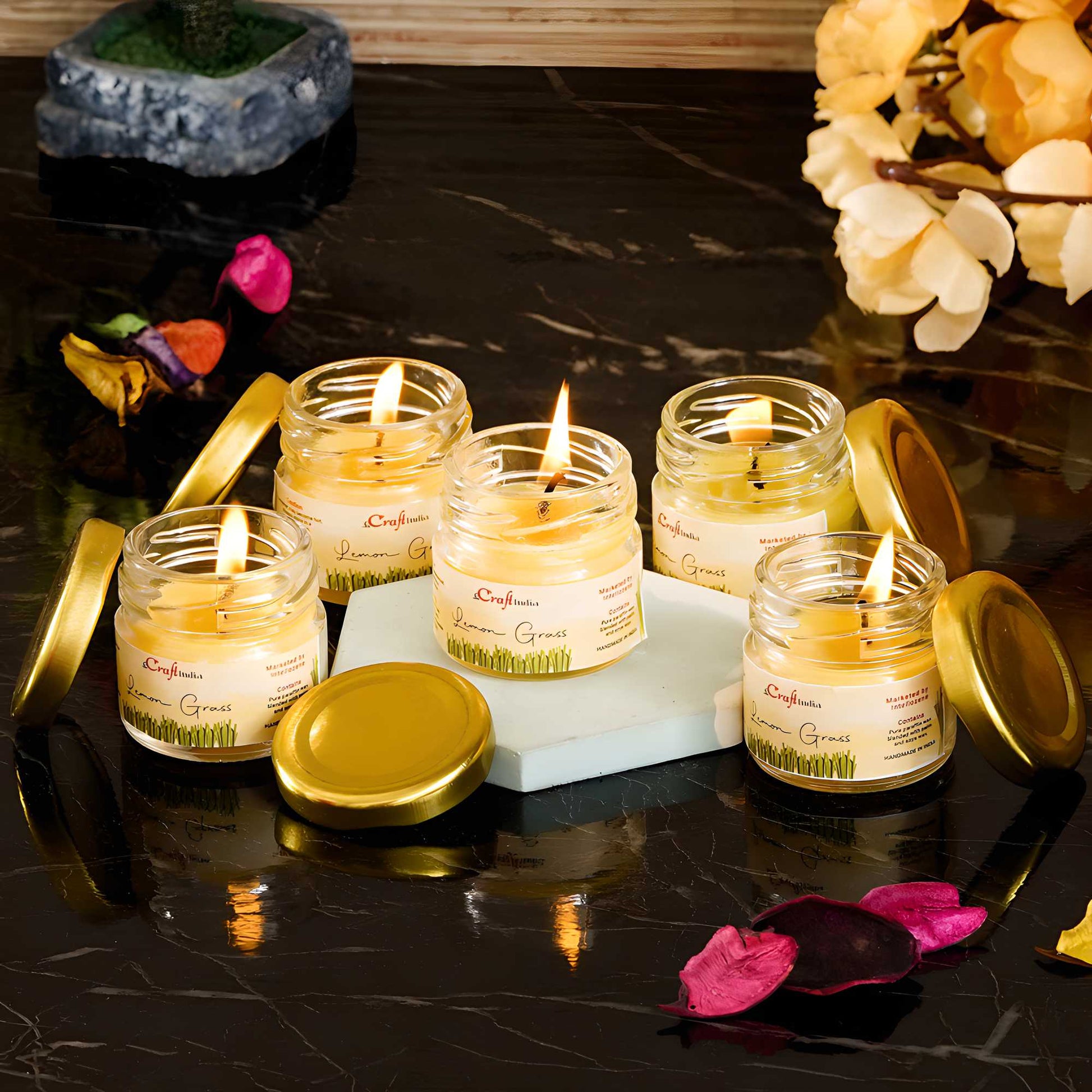 eCraftIndia Set of 5 Lemon Grass Scented Minijar Candle cs2856-ri