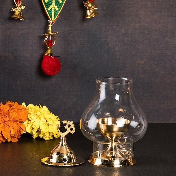 Brass Akhand Diya with Borosilicate Glass for Puja Home Temple Oil Lamp Tea Holder cs2856-ri