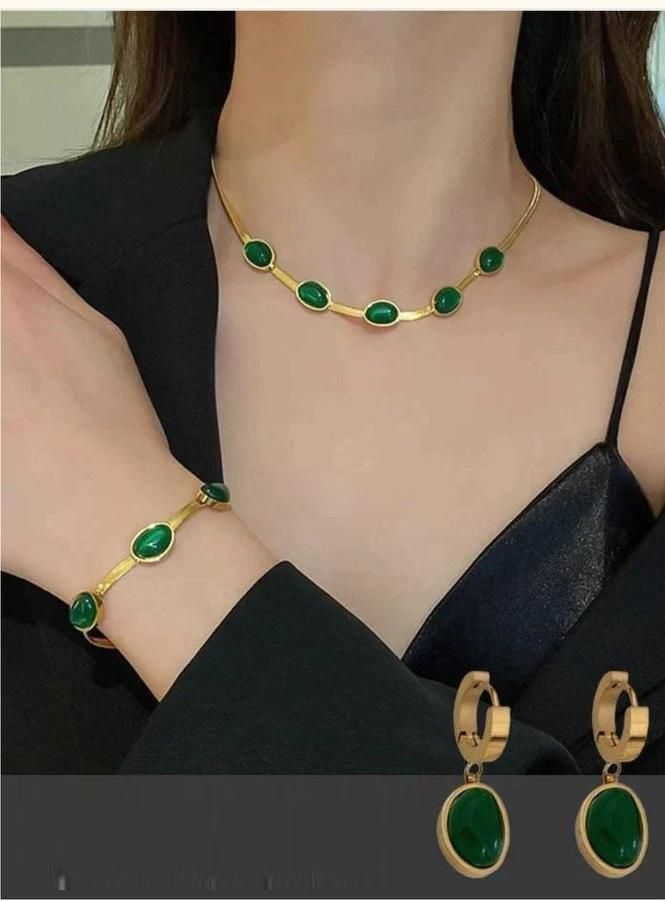Oval Green Crystal Pendant Necklace Set With Bracelet cs2856-ri